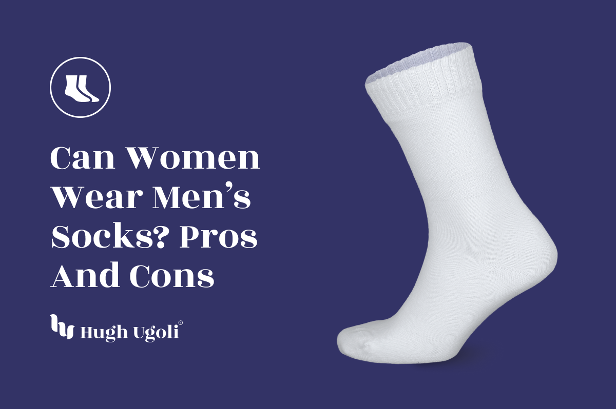 A single white sock on a purple background, representing the topic 'Can Women Wear Men's Socks? Pros and Cons' with Hugh Ugoli logo.